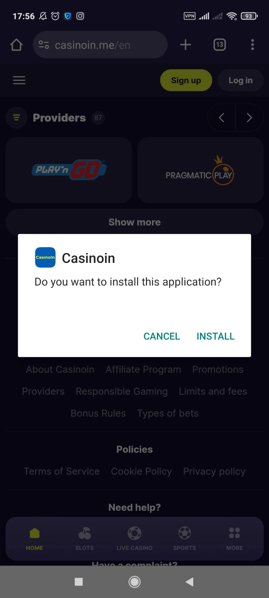 Start installing the Casinoin application for Android.