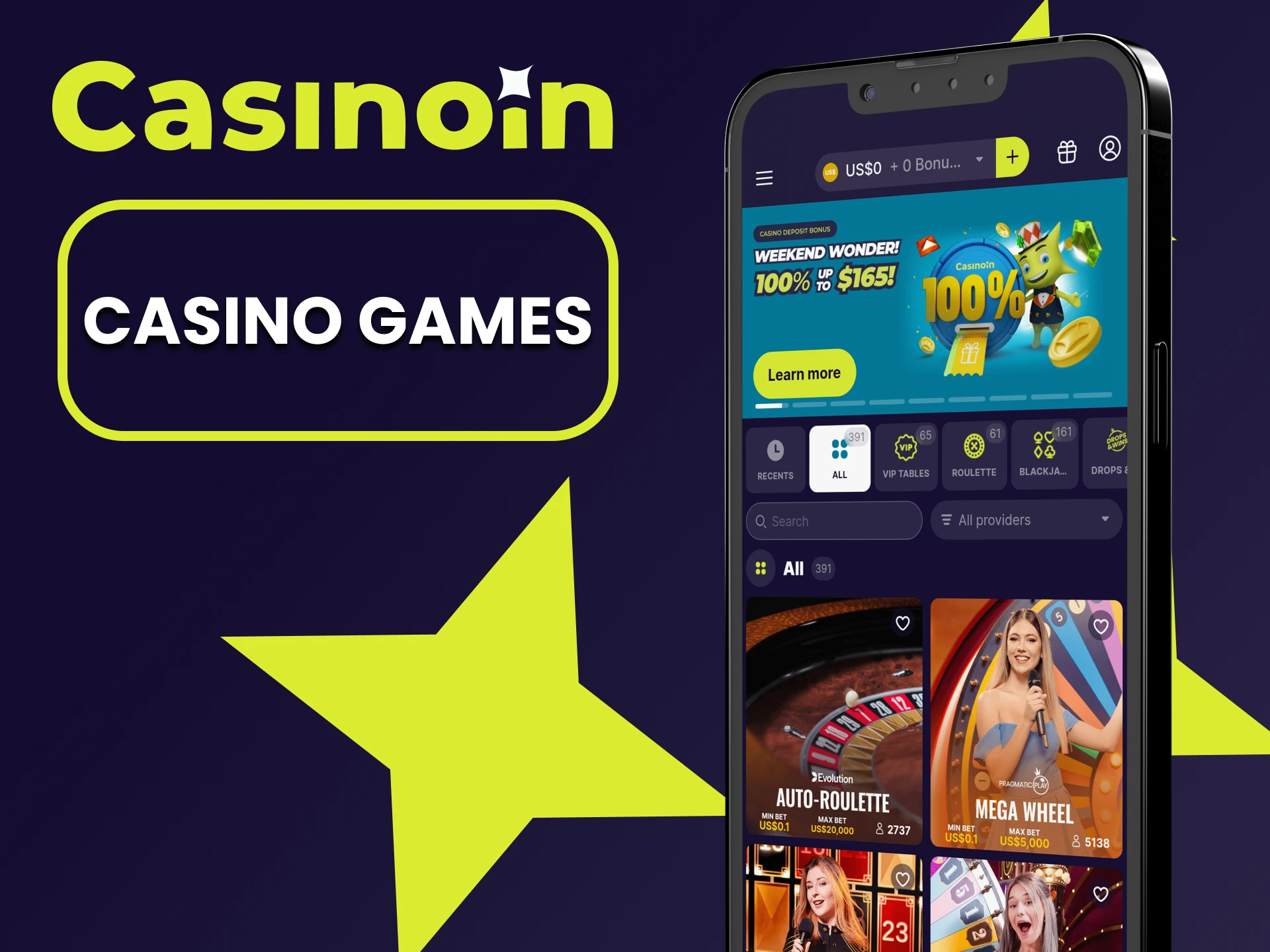 Play at the casino through the Casinoin app.