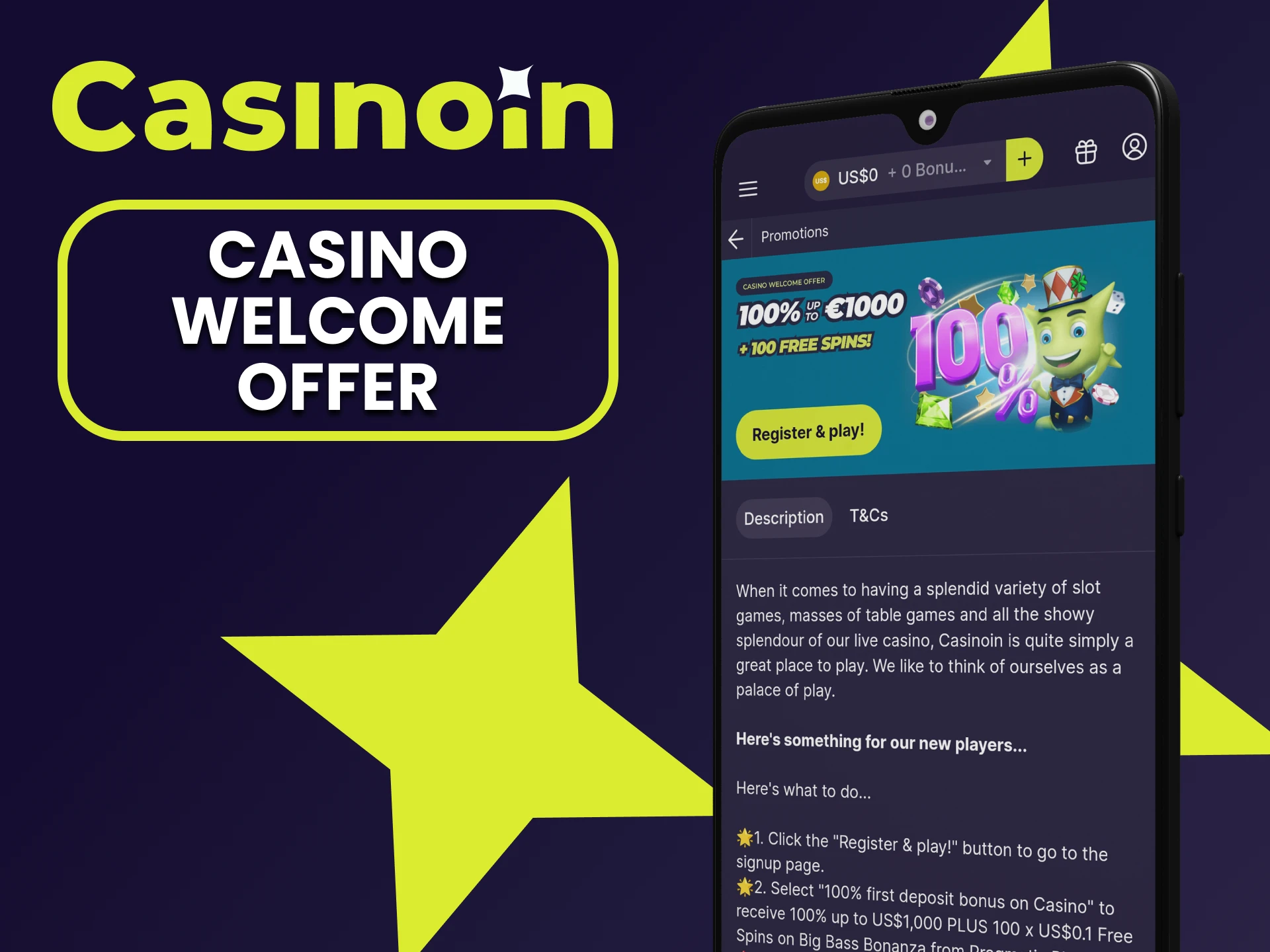 Casinoin offers a welcome bonus for casino games.