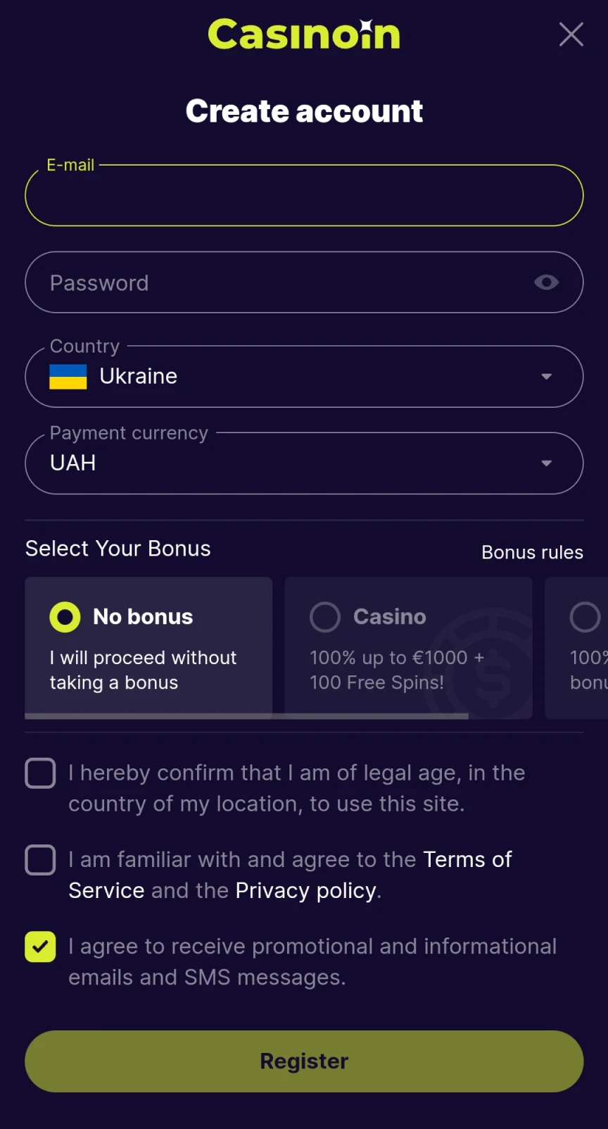 Register at Casinoin to download on iOS.