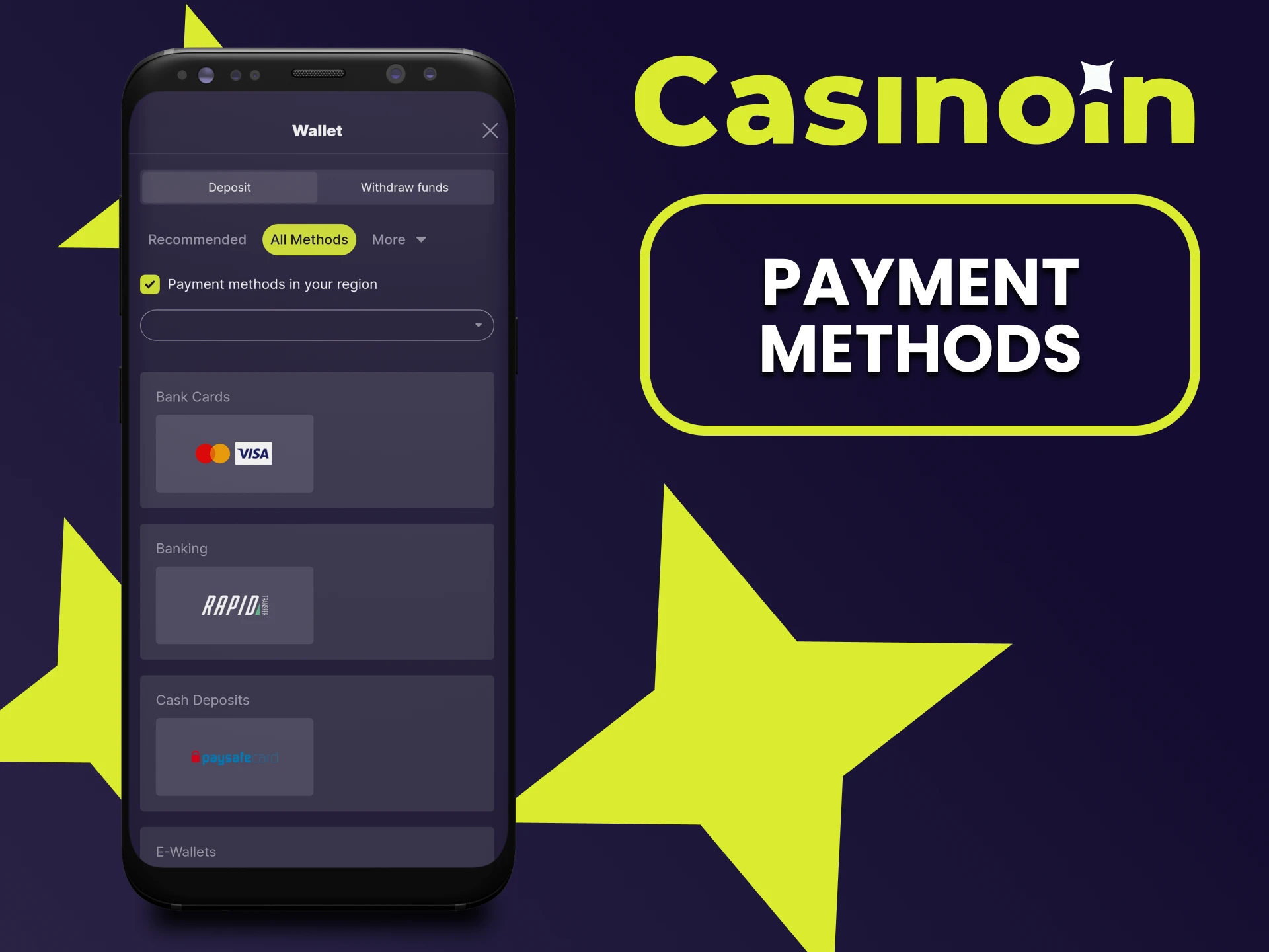 You can withdraw and top up funds through the Casinoin application.