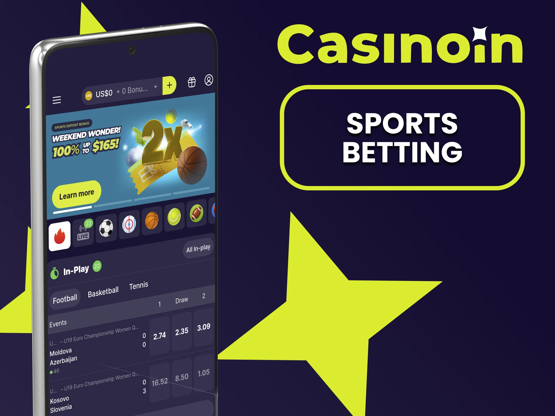 You can place bets on sports using the Casinoin app.