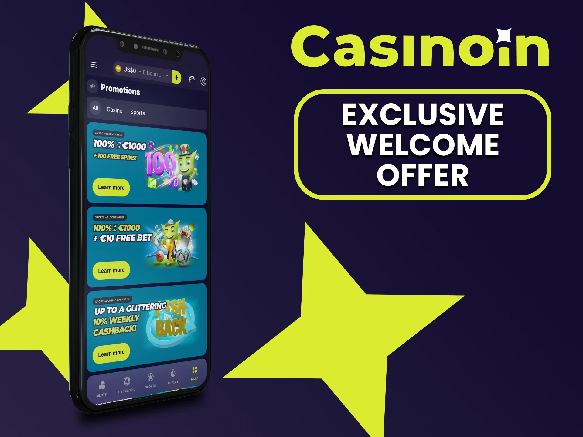 The Casinoin app has special welcome bonuses.